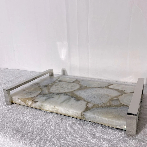 Modern White Agate Decorative Serving Tray  With Chrome Handles - Picture 3 of 16